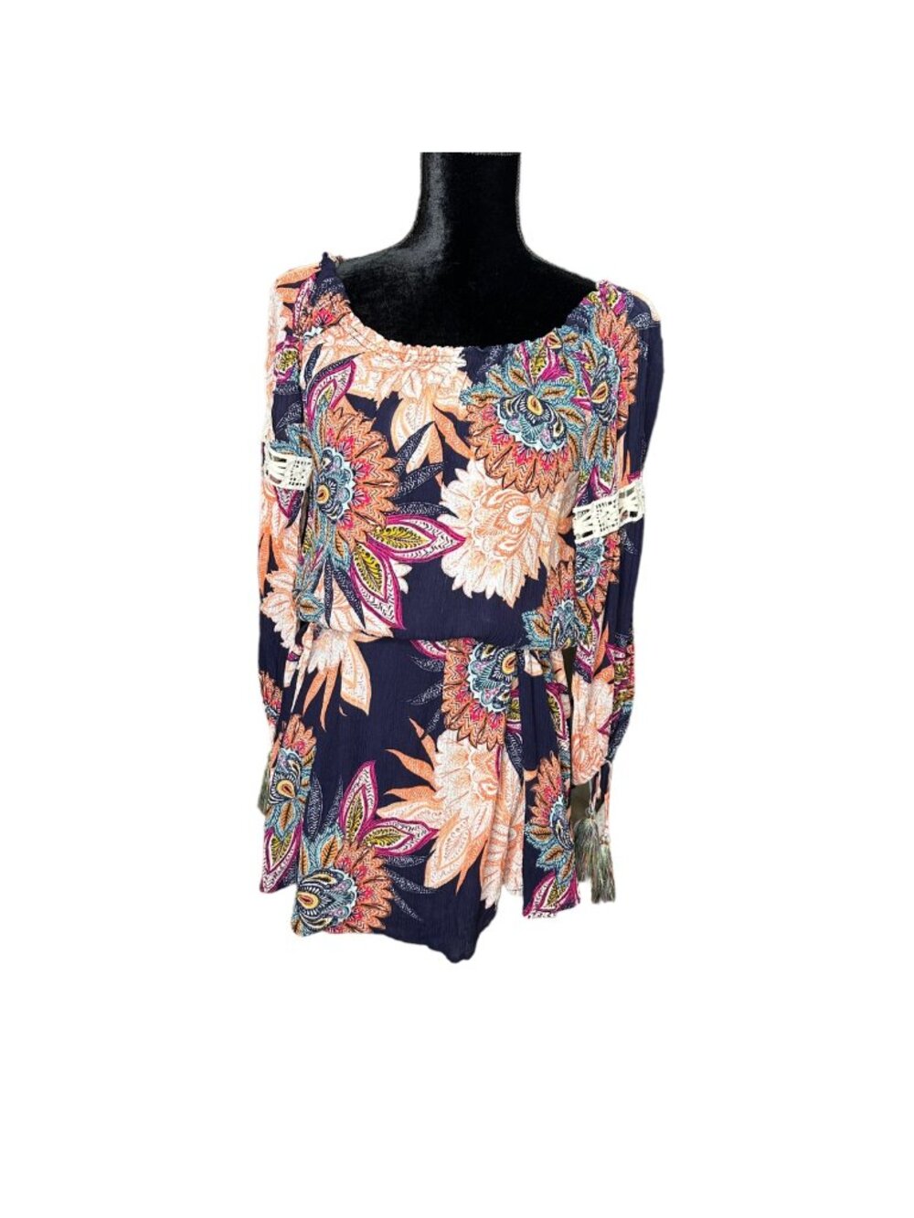 Umgee Shirt Women Medium Floral Paisley Long Sleeve Blouson Peasant Crochet Lace